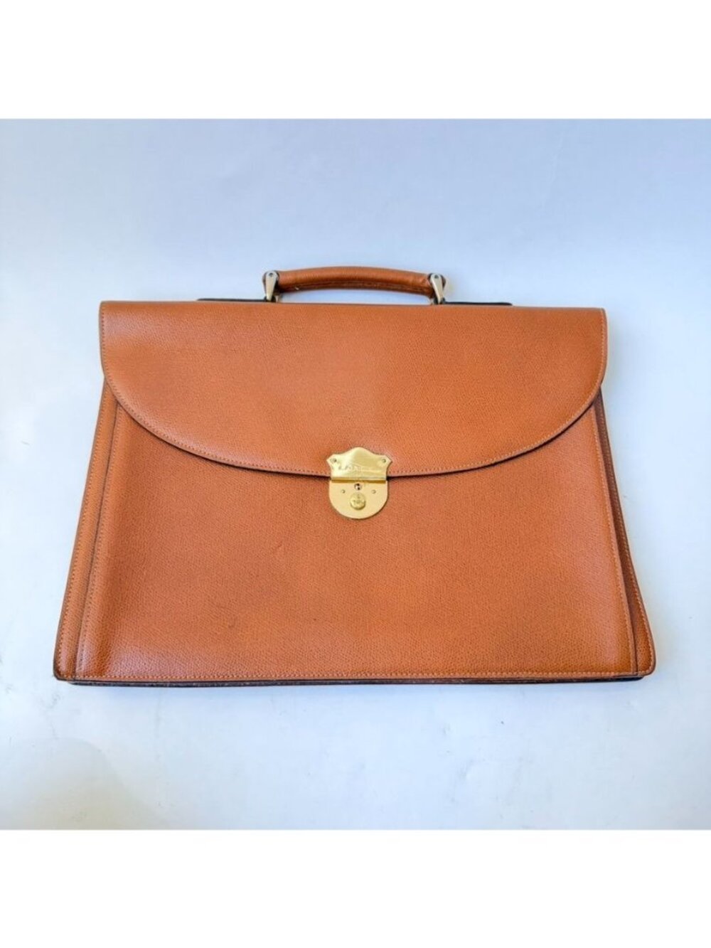 Vintage Lancel Paris Tan Brown Textured Leather Briefcase Top Handle Bag